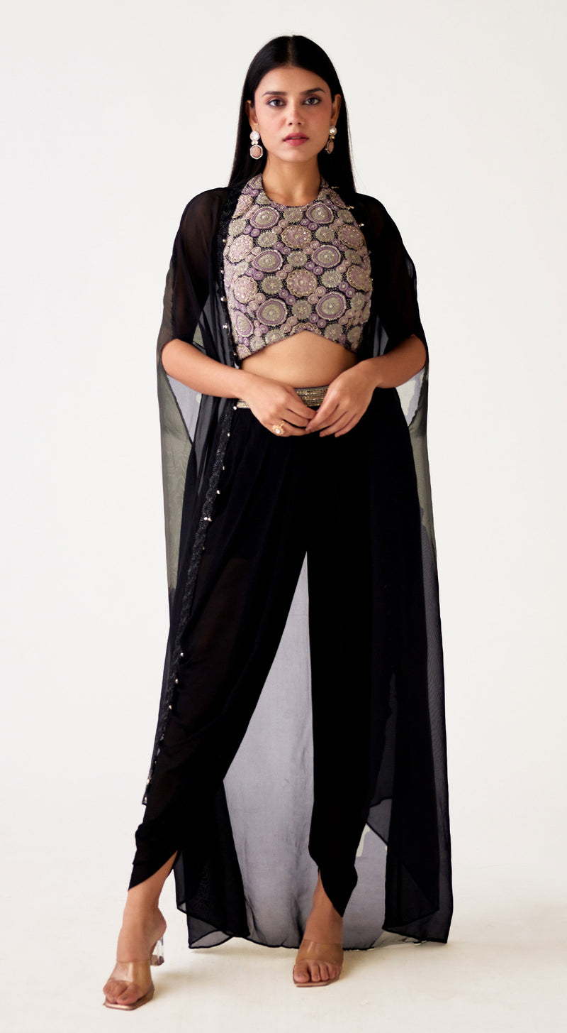 Black Georgette Embroidered Cape Set