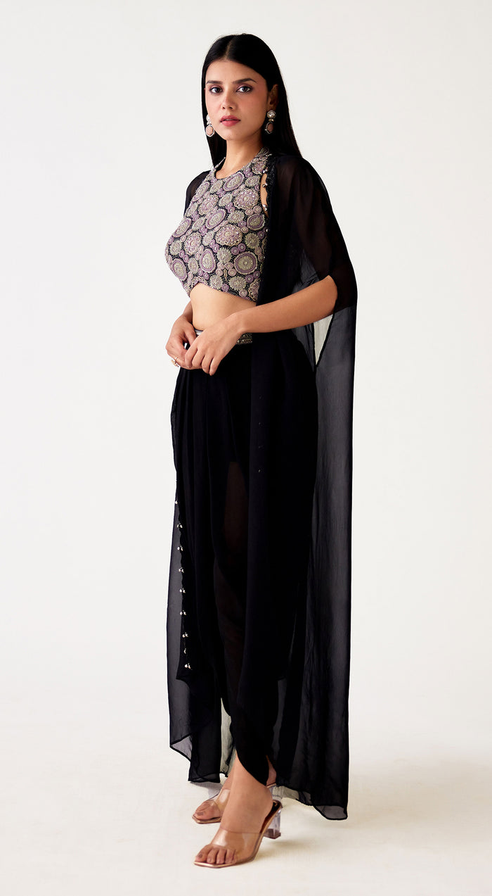 Black Georgette Embroidered Cape Set