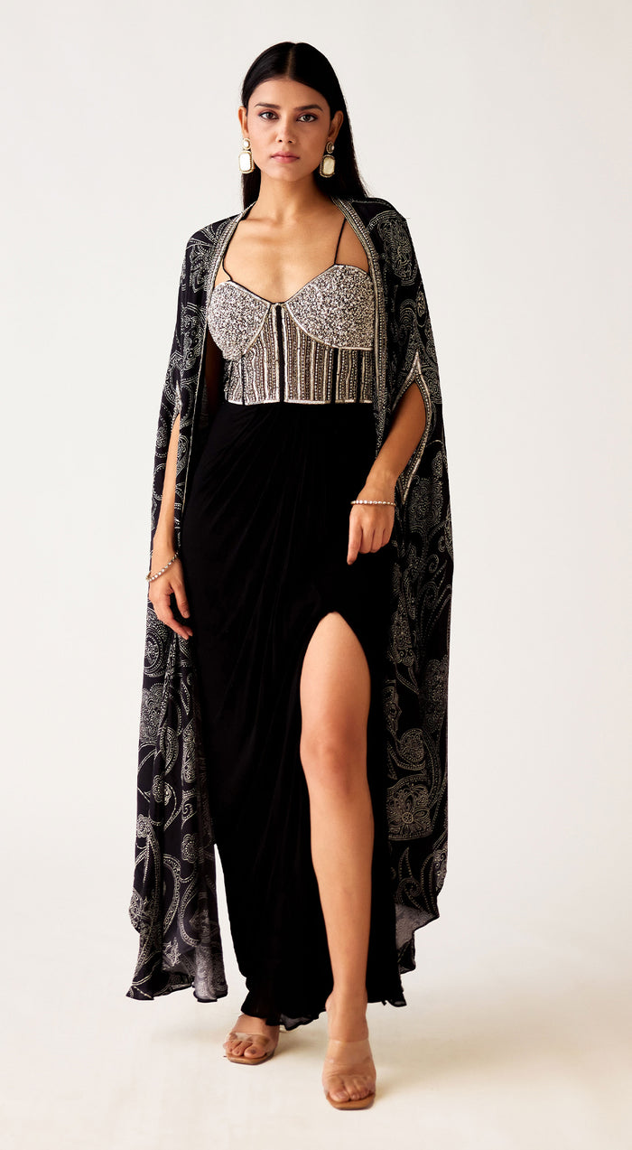 Black Georgette Embroidered Cape Set