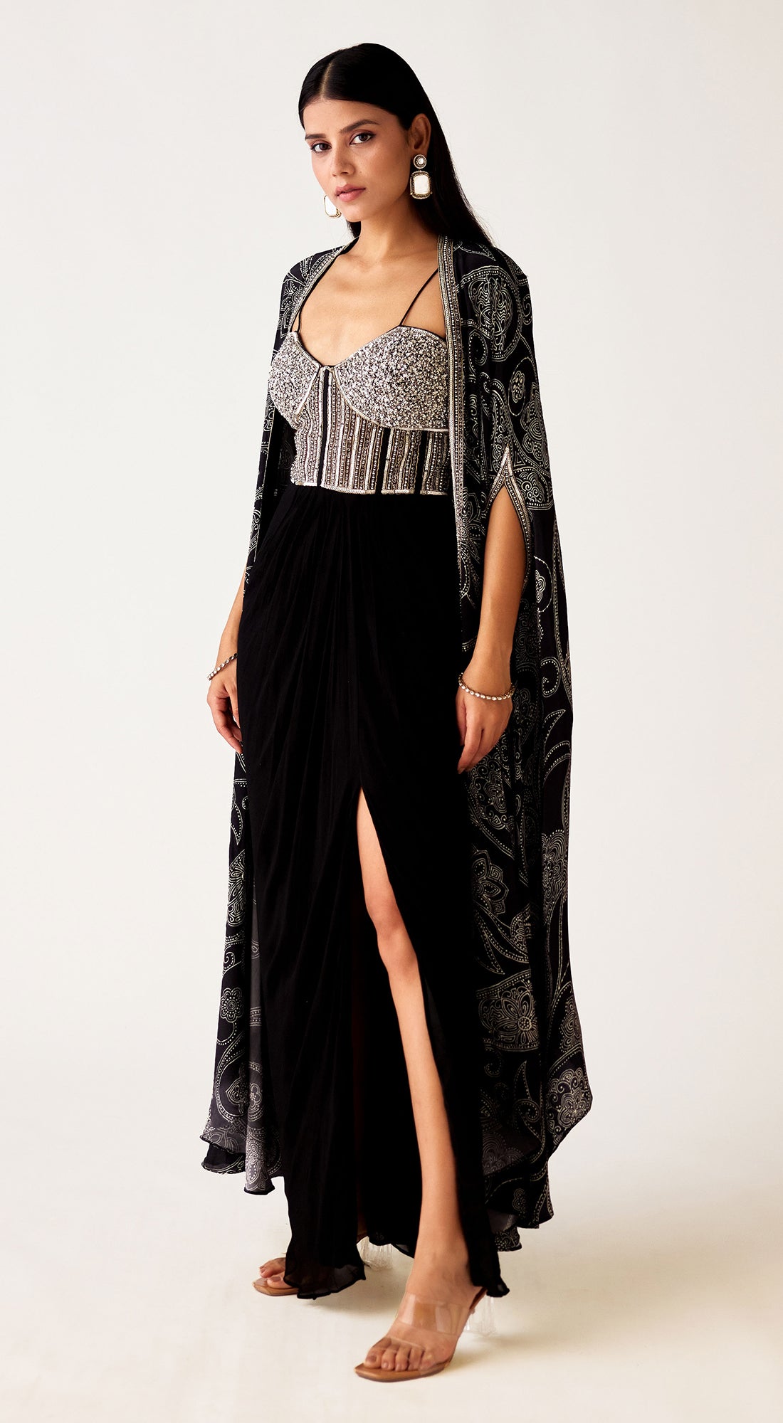 Black Georgette Embroidered Cape Set