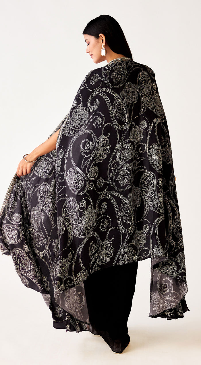 Black Georgette Embroidered Cape Set