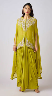 Lime Georgette Embroidered Cape Set