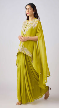 Lime Georgette Embroidered Cape Set