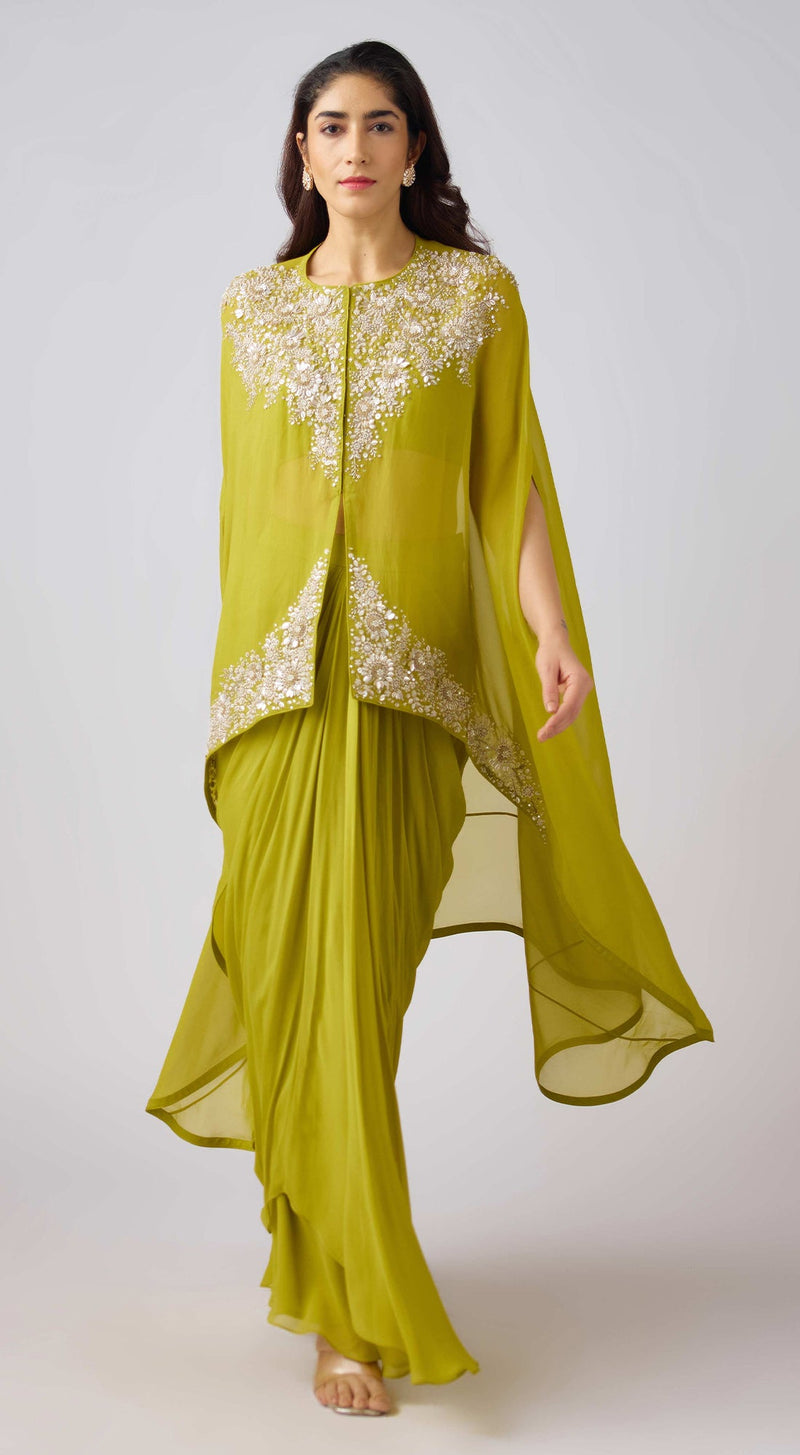 Lime Georgette Embroidered Cape Set