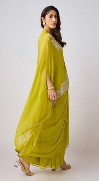 Lime Georgette Embroidered Cape Set