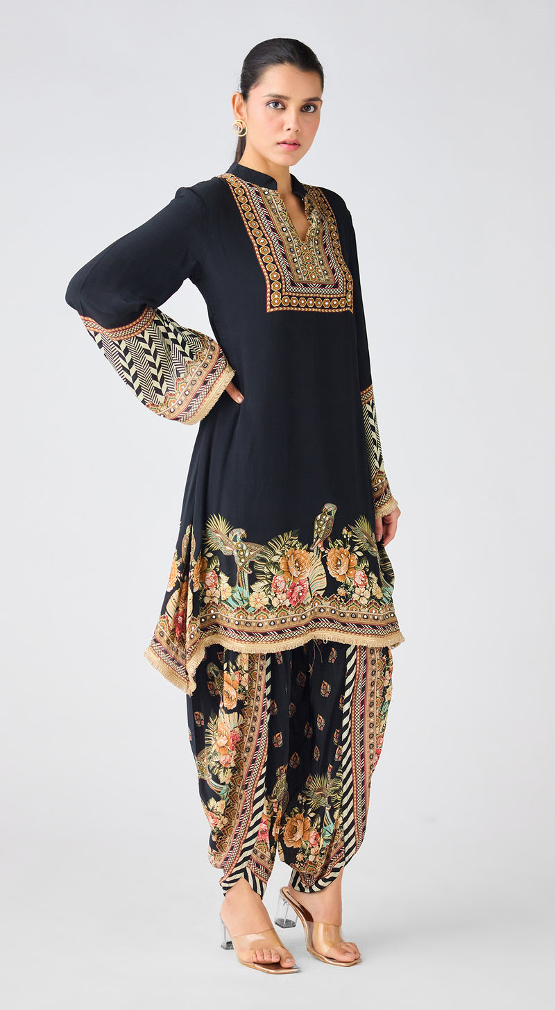 Black Crepe Floral Kurta Set