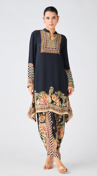 Black Crepe Floral Kurta Set