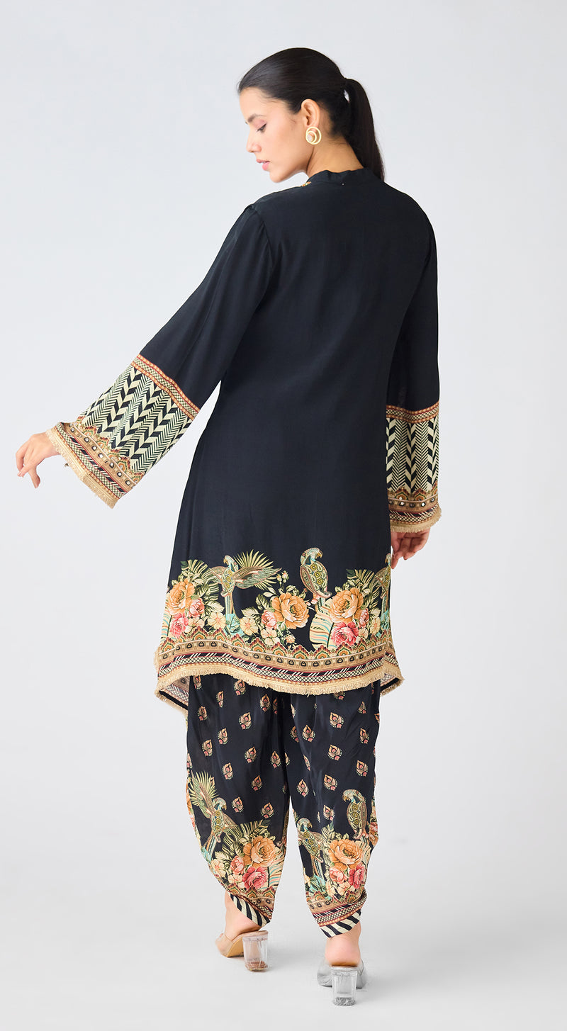 Black Crepe Floral Kurta Set