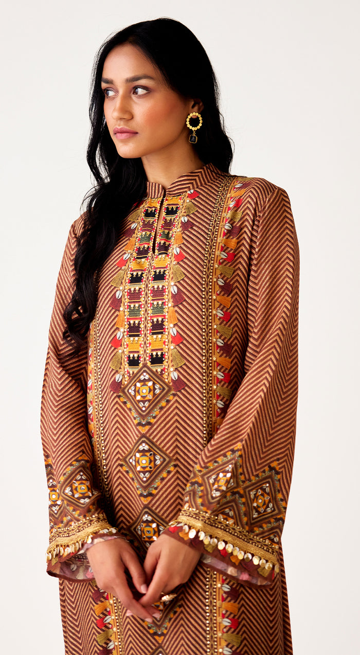 Brown Muslin Embroidered Suit Set