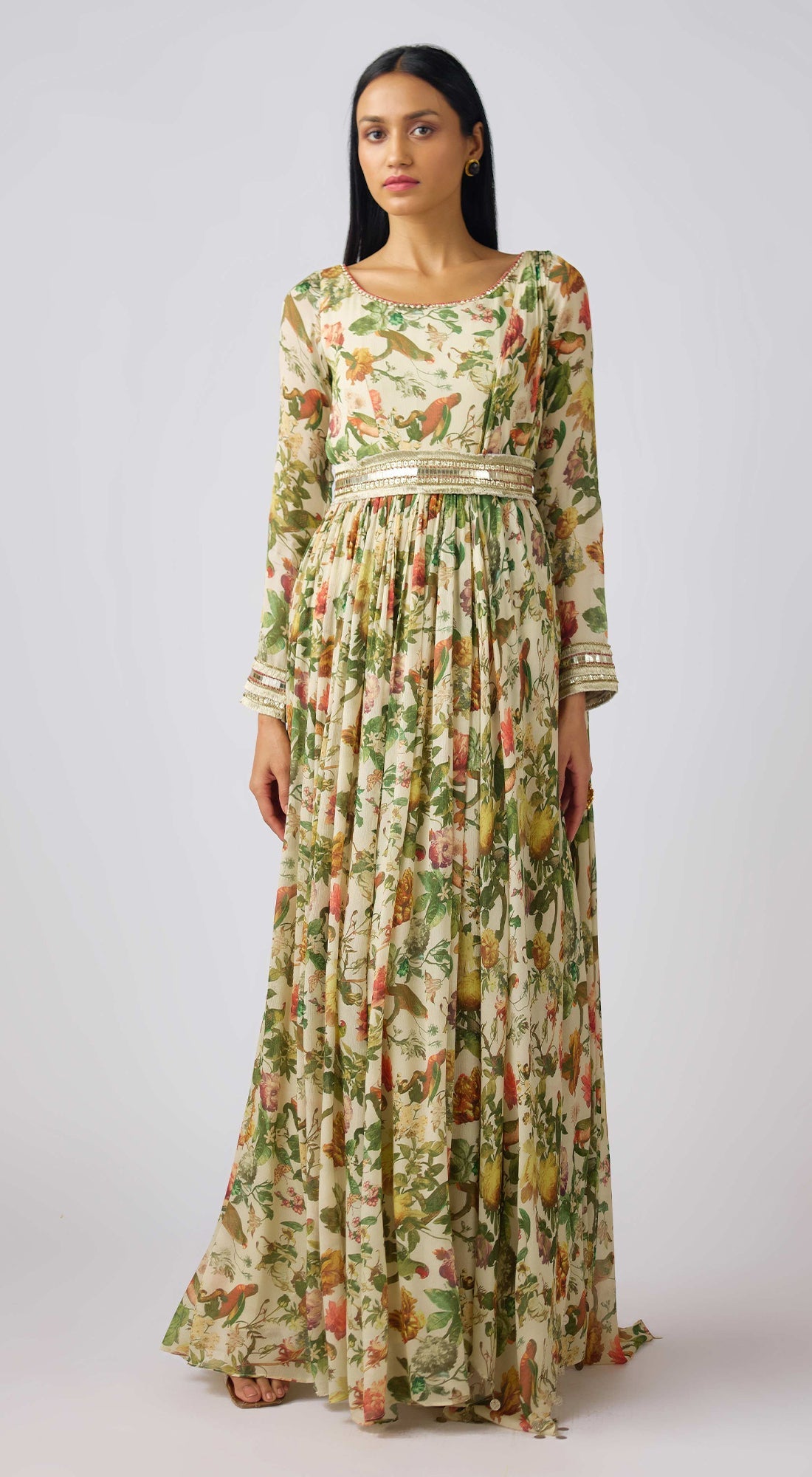 Off White Chinon Embroidered Gown