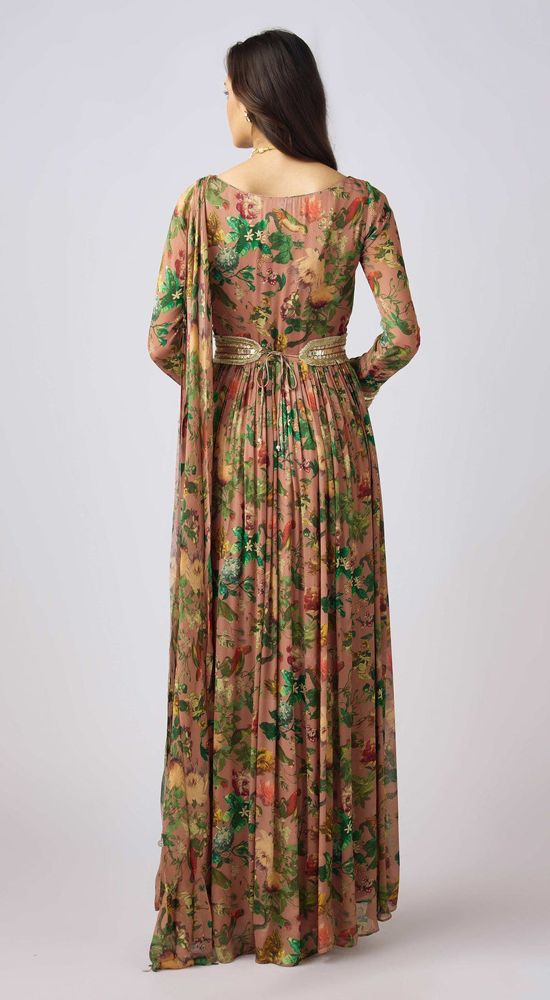 Peach Chinon Embroidered Gown