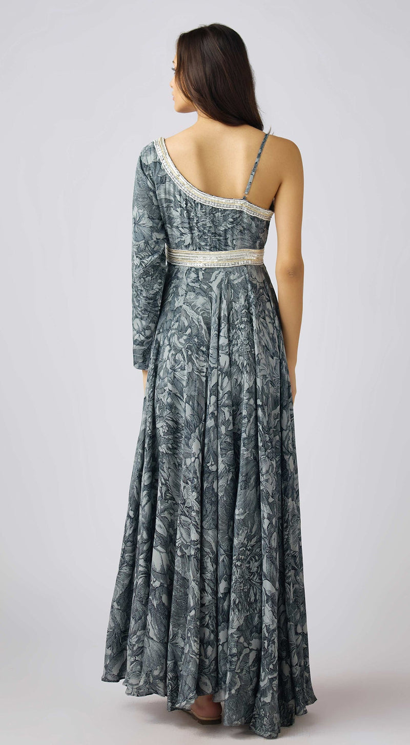 Grey Crepe Embroidered Dress