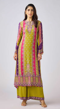 Lime Chinon Embroidered Kurta Set