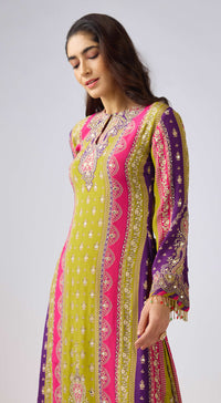 Lime Chinon Embroidered Kurta Set