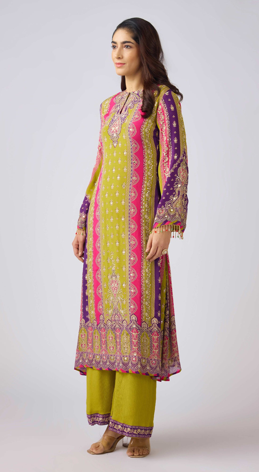 Lime Chinon Embroidered Kurta Set