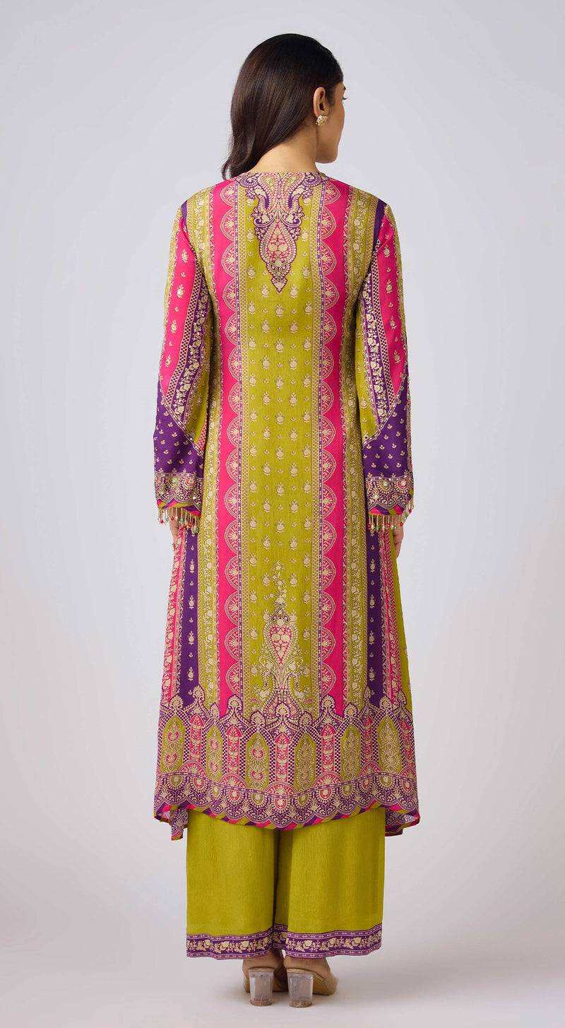 Lime Chinon Embroidered Kurta Set