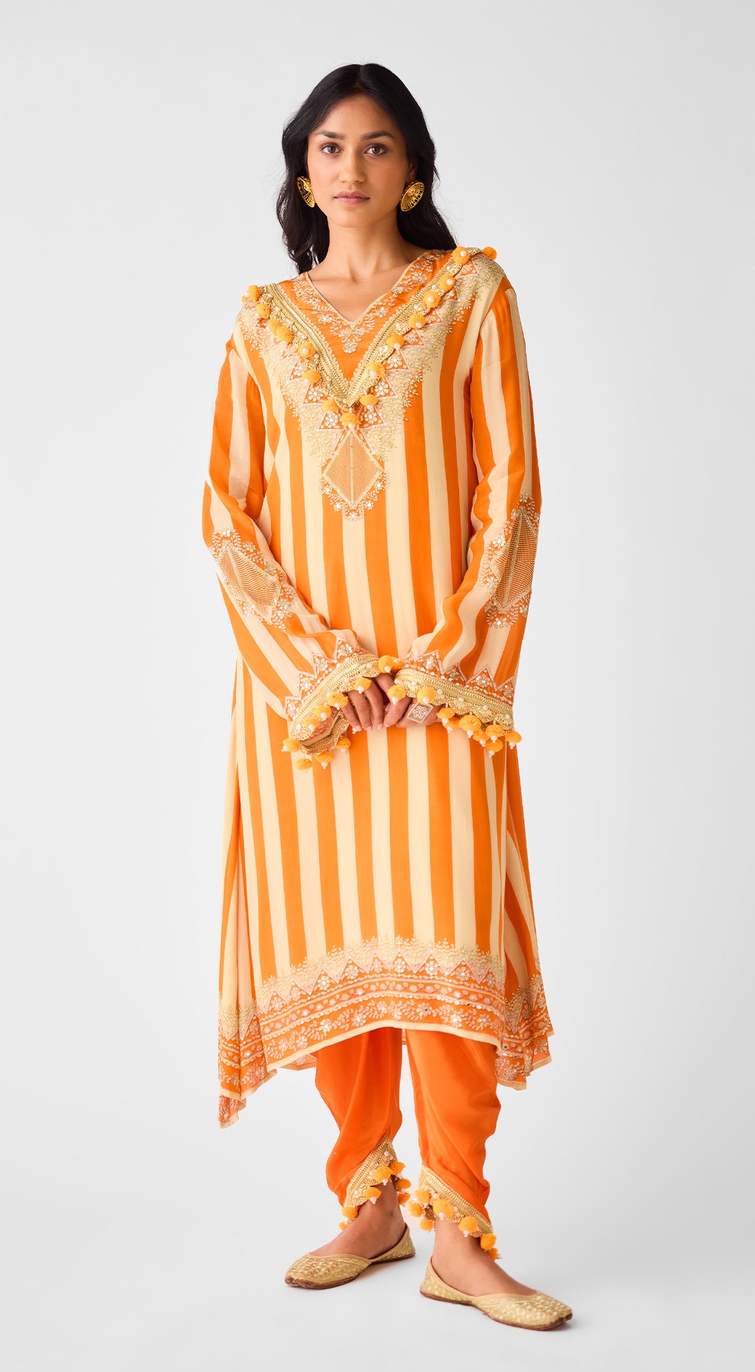 Orange Crepe Pearl Embellished Suit Set