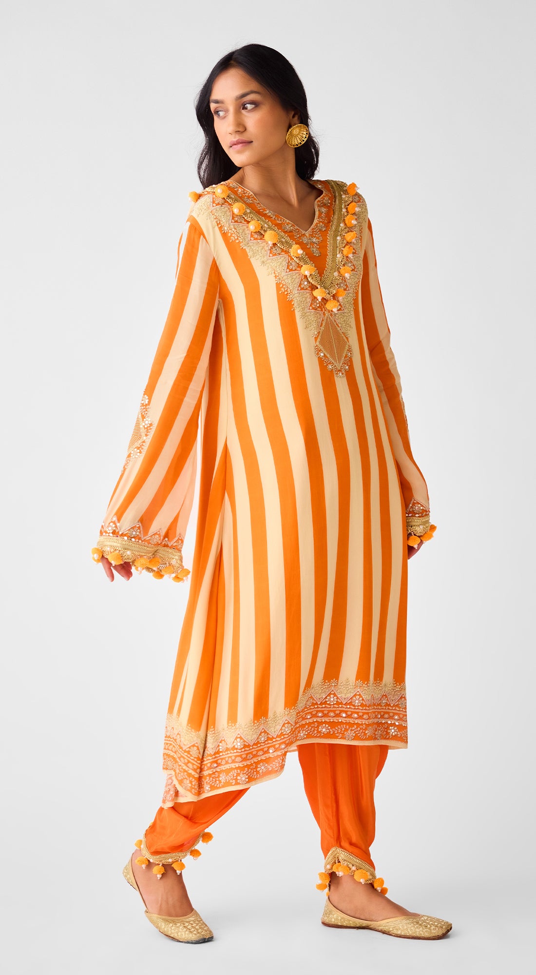 Orange Crepe Pearl Embellished Suit Set