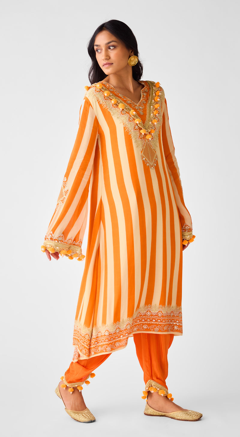 Orange Crepe Pearl Embellished Suit Set