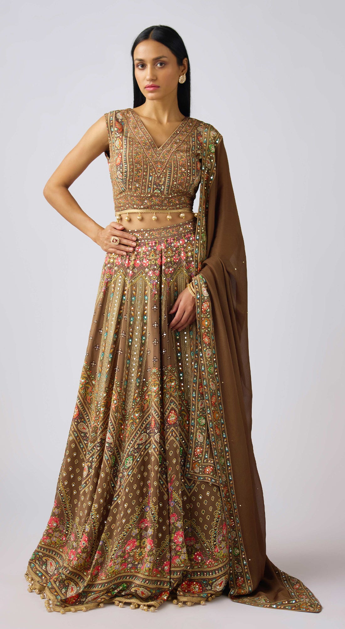 Brown Chinon Embroidered Lehenga Set