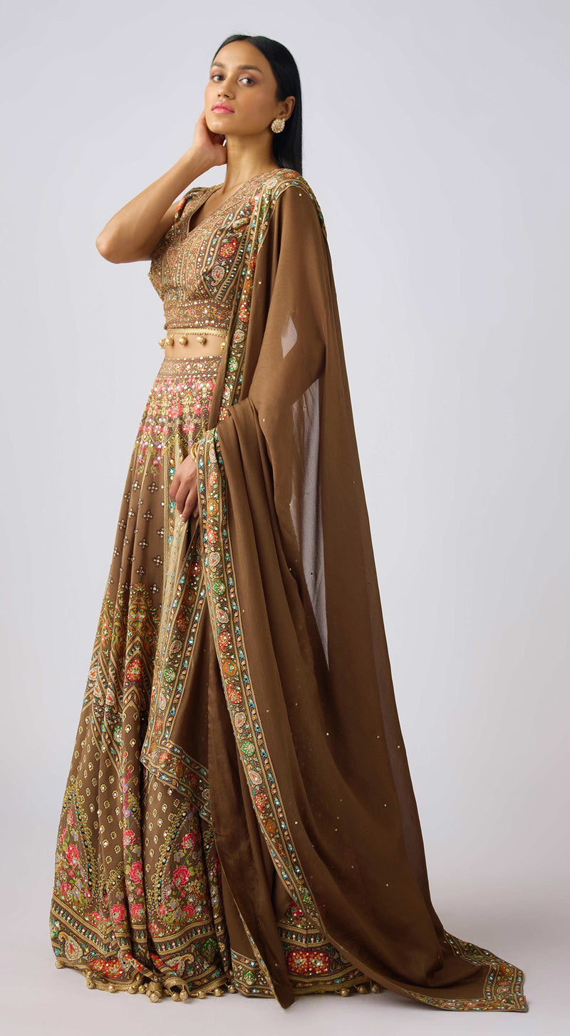 Brown Chinon Embroidered Lehenga Set