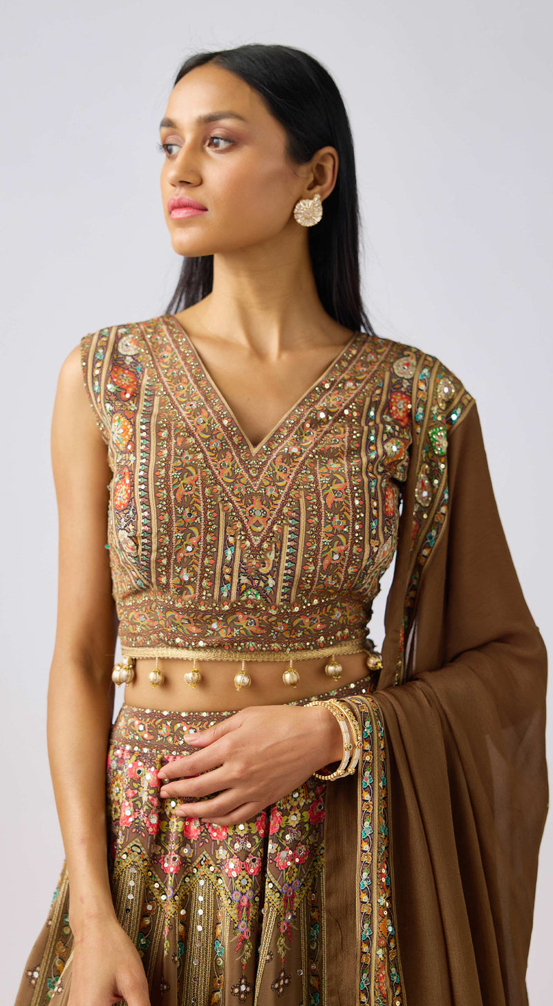 Brown Chinon Embroidered Lehenga Set