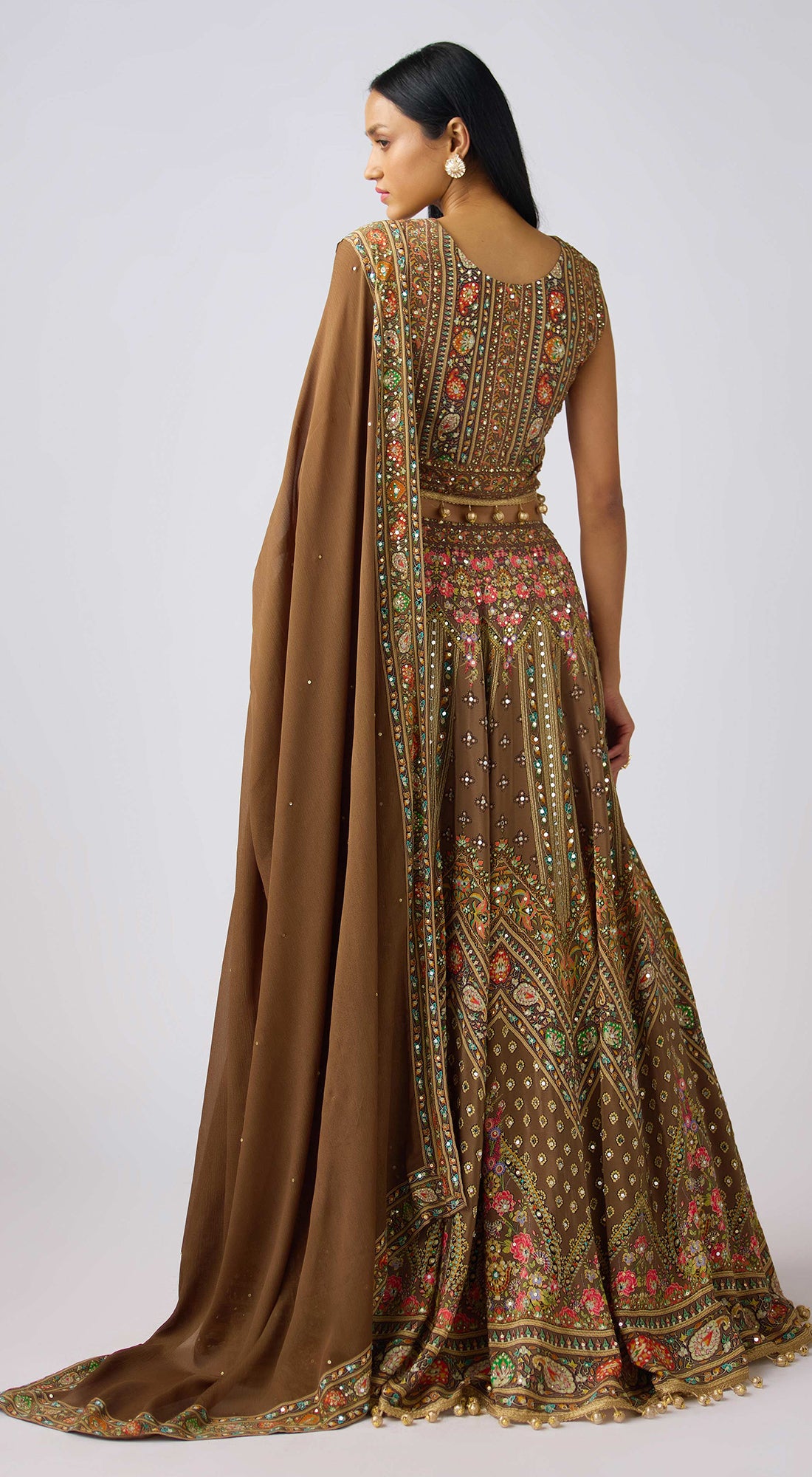 Brown Chinon Embroidered Lehenga Set