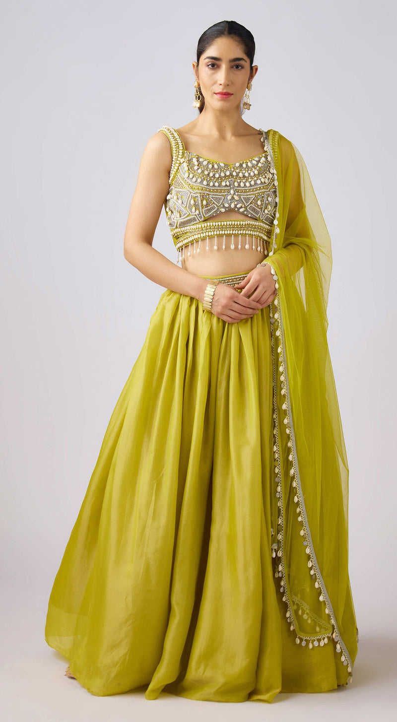 Lime Tissue Embroidered Lehenga Set