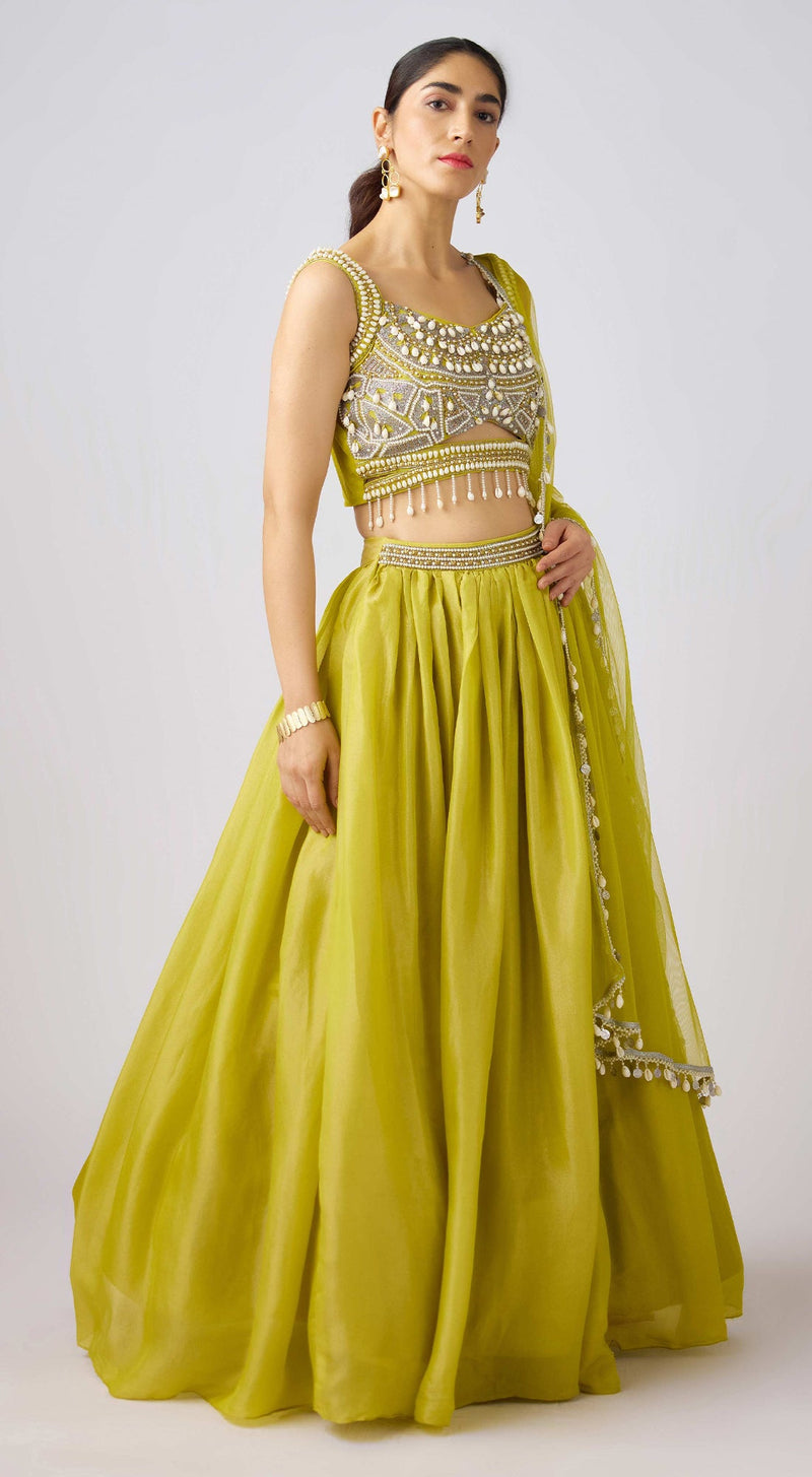 Lime Tissue Embroidered Lehenga Set