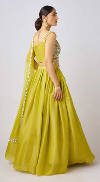 Lime Tissue Embroidered Lehenga Set