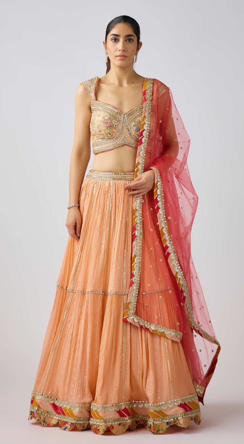 Peach Chinon Embroidered Lehenga Set