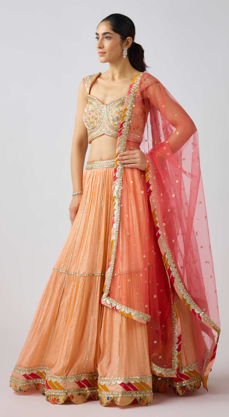 Peach Chinon Embroidered Lehenga Set