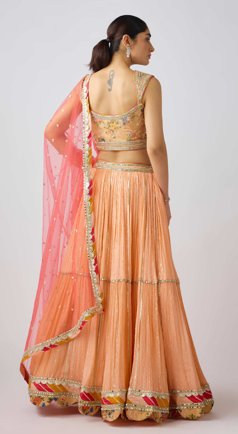 Peach Chinon Embroidered Lehenga Set