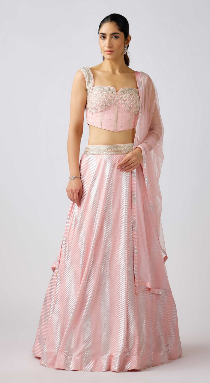 Pink Crushed Organza Embroidered Lehenga Set