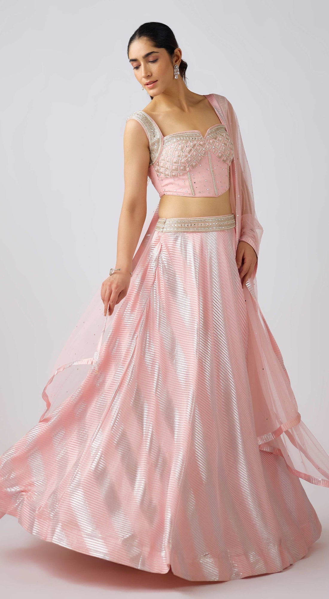 Pink Crushed Organza Embroidered Lehenga Set