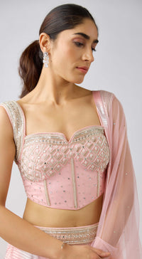 Pink Crushed Organza Embroidered Lehenga Set