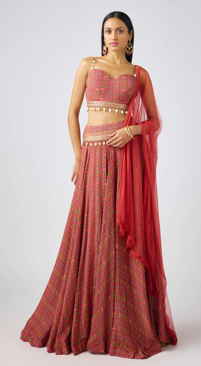 Maroon Chinon Embellished Lehenga Set