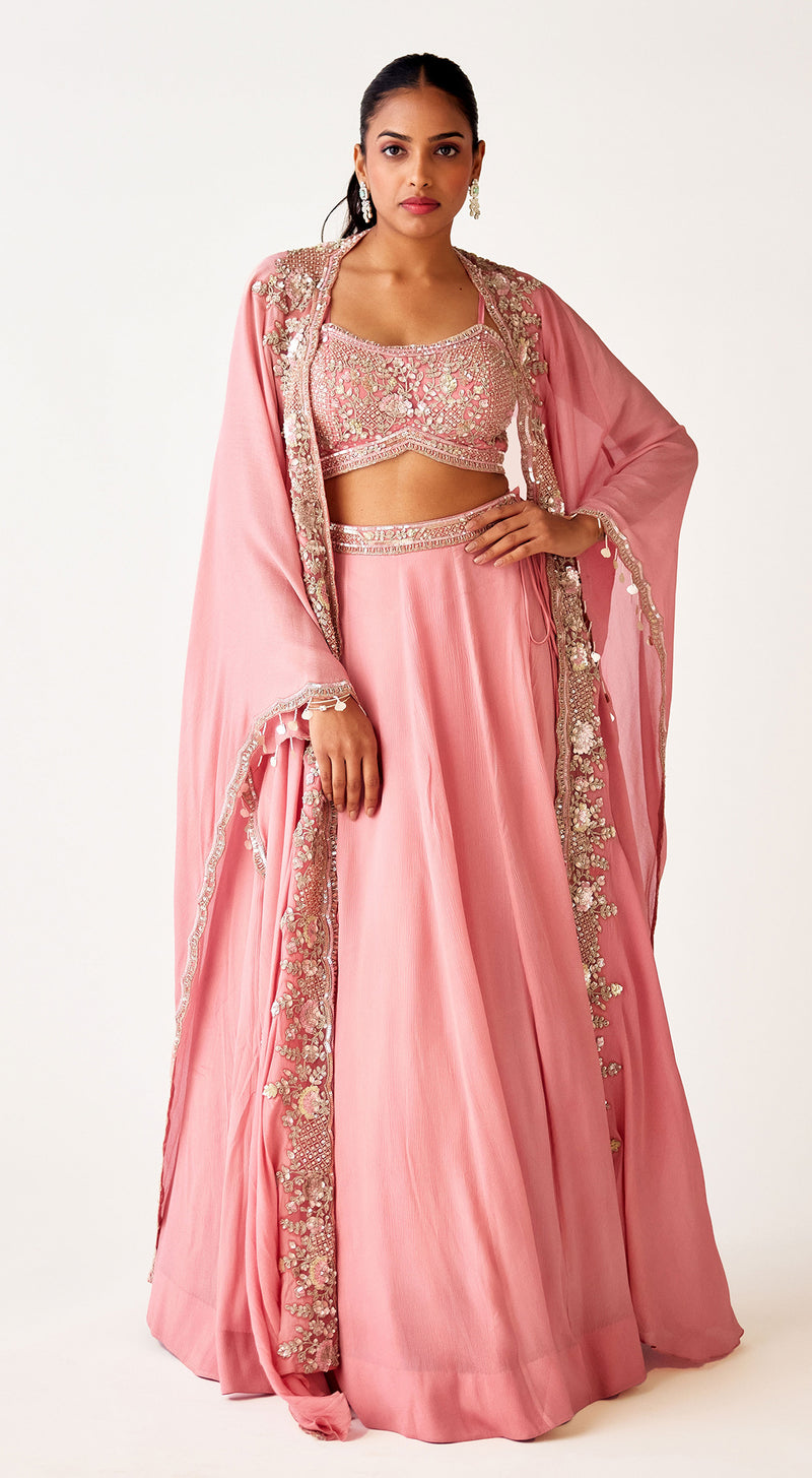 Pink Georgette Embroidered Lehenga Set