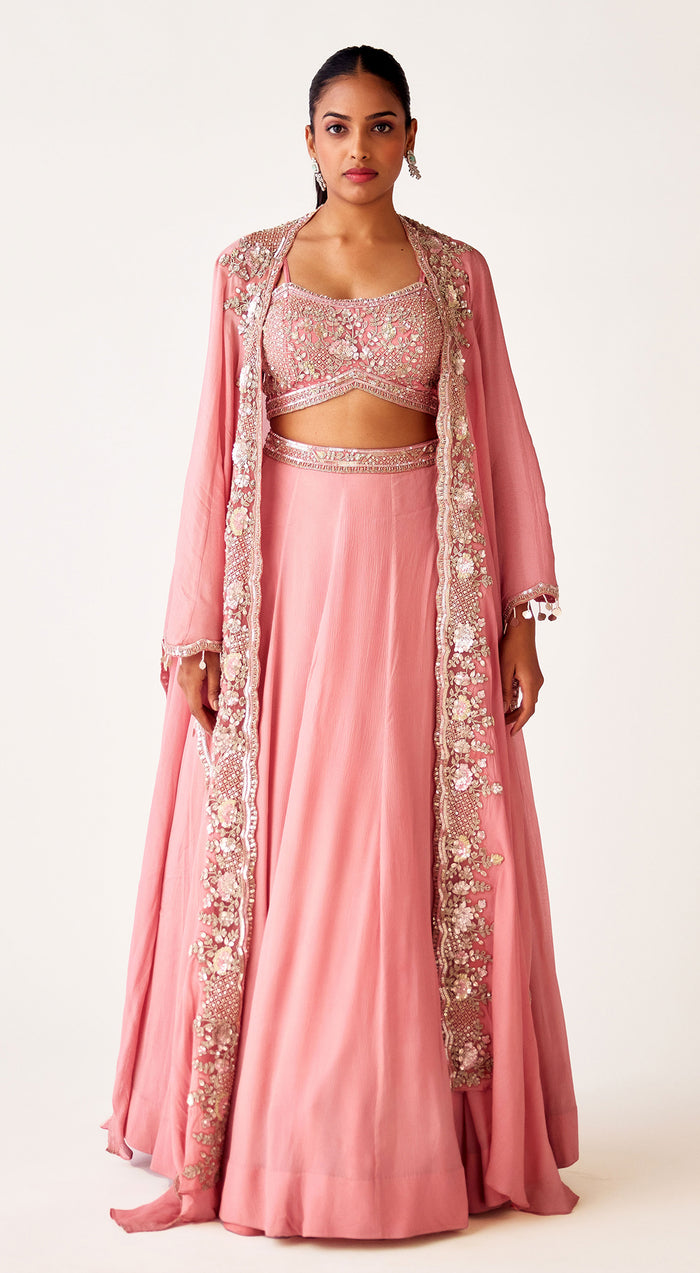 Pink Georgette Embroidered Lehenga Set