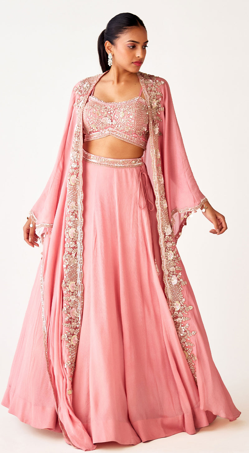 Pink Georgette Embroidered Lehenga Set