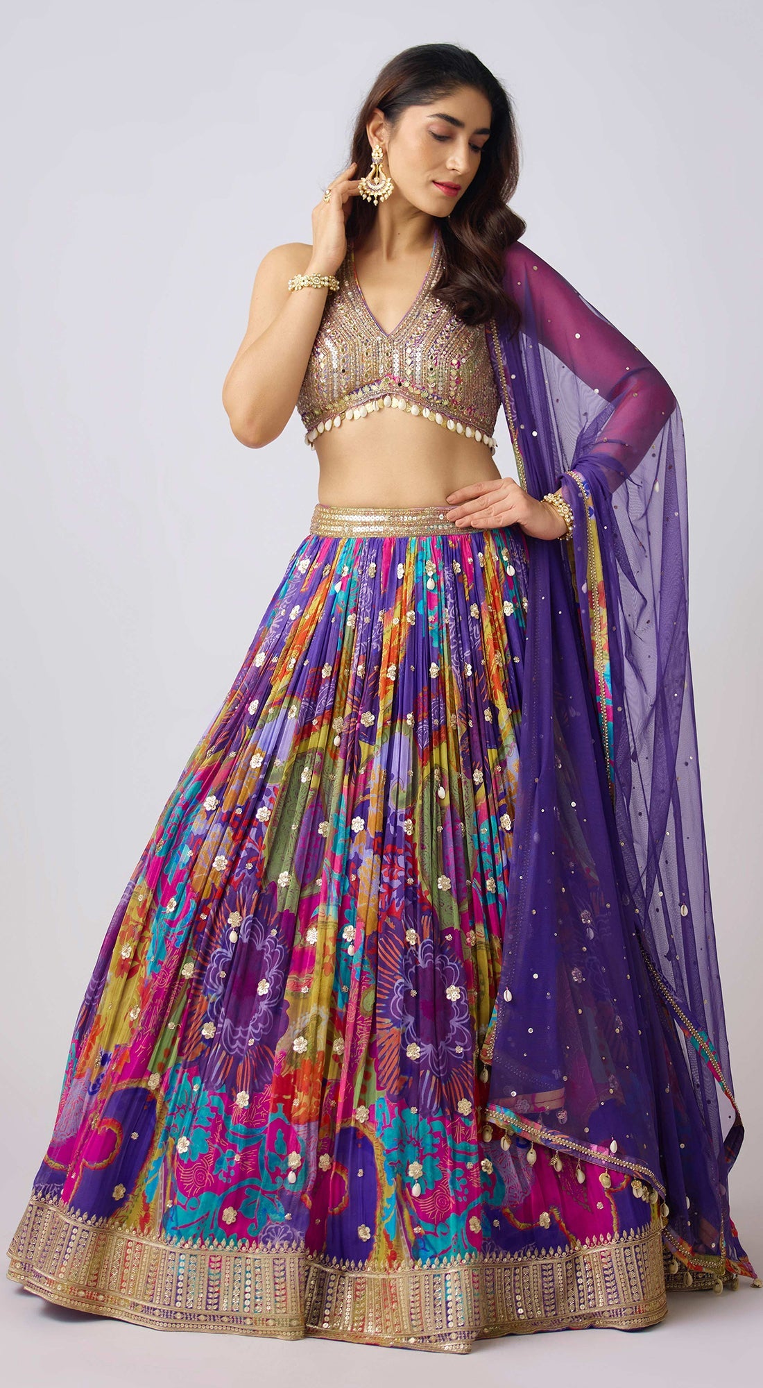 Purple Georgette Embroidered Lehenga Set