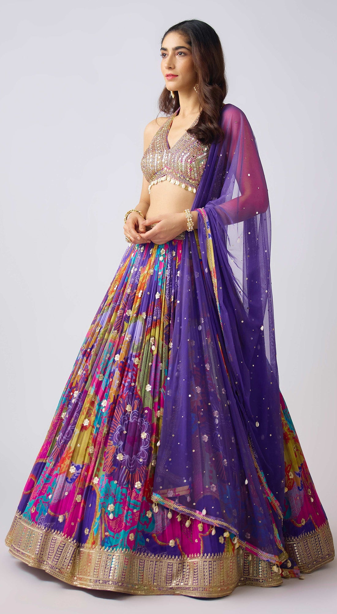 Purple Georgette Embroidered Lehenga Set