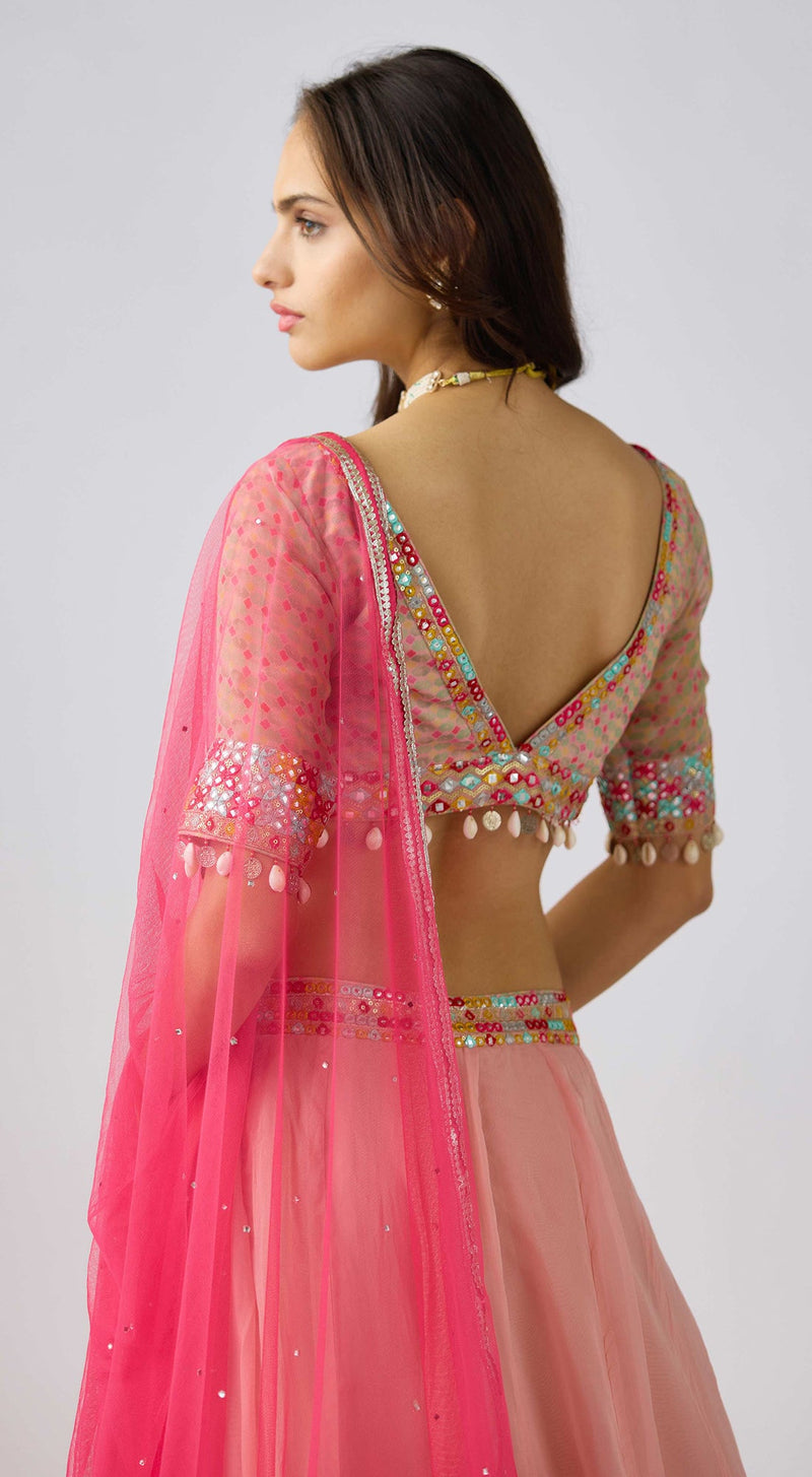 Peach Organza Embellished Lehenga Set