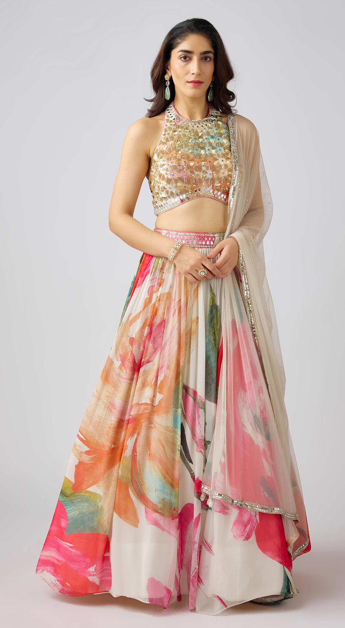 Multi Georgette Embroidered Floral Lehenga Set