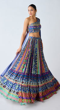 Blue Printed Asymmetric Neckline Lehenga Set