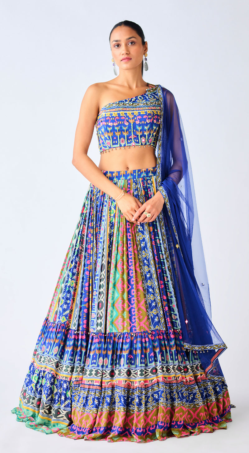 Blue Printed Asymmetric Neckline Lehenga Set