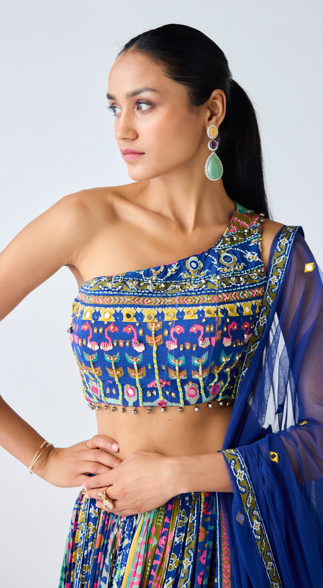 Blue Printed Asymmetric Neckline Lehenga Set