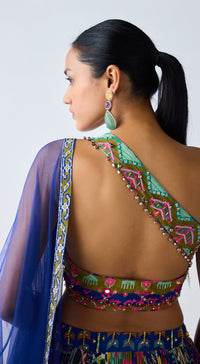 Blue Printed Asymmetric Neckline Lehenga Set