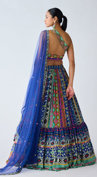 Blue Printed Asymmetric Neckline Lehenga Set