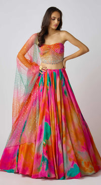 Multi Crepe Embroidered Lehenga Set